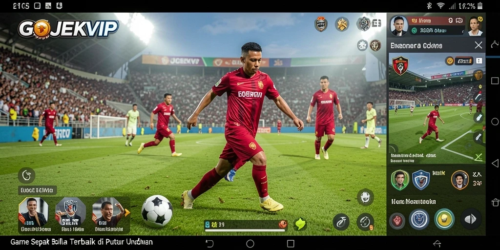 Screenshot utama gameplay GOJEKVIP menampilkan aksi sepak bola yang mendebarkan.