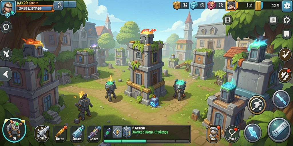 Tangkapan layar KAKRP menunjukkan aksi menara yang sedang melawan musuh dalam permainan Tower Defense.