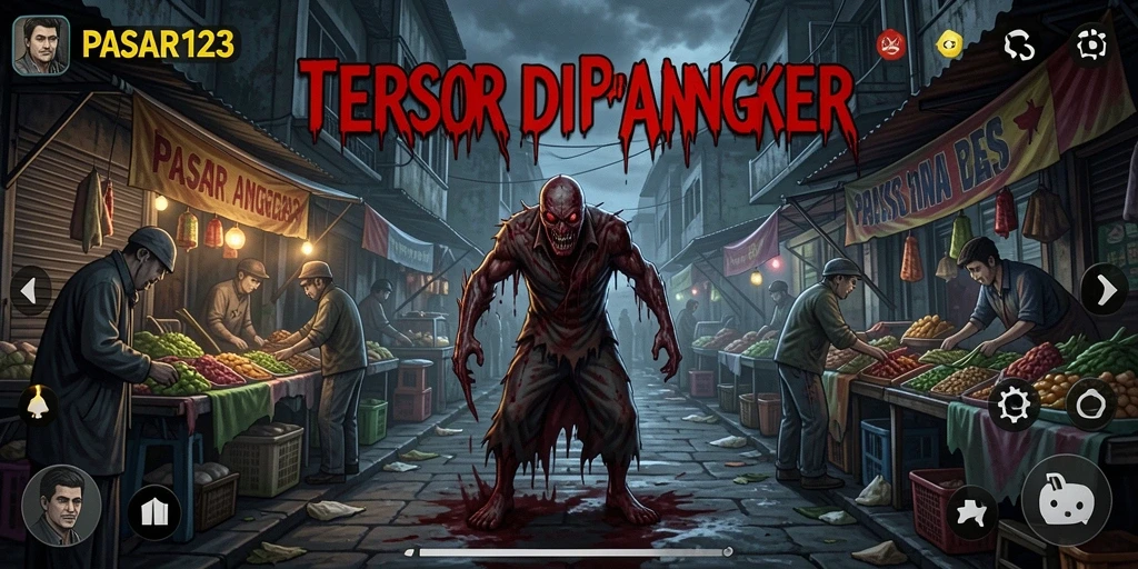 Tampilan menegangkan gameplay PASAR123 di pasar angker.