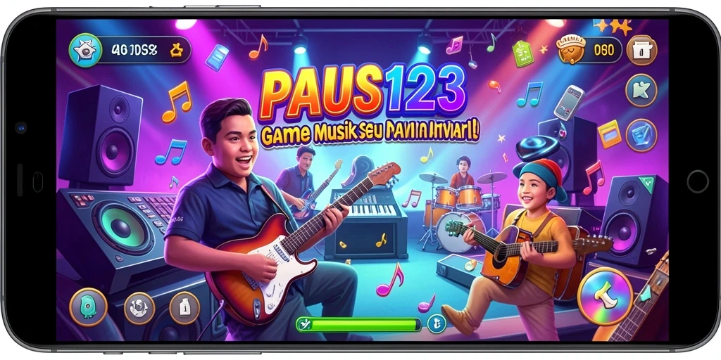 Screenshot gameplay PAUS123, menunjukkan tantangan musik yang mendebarkan.