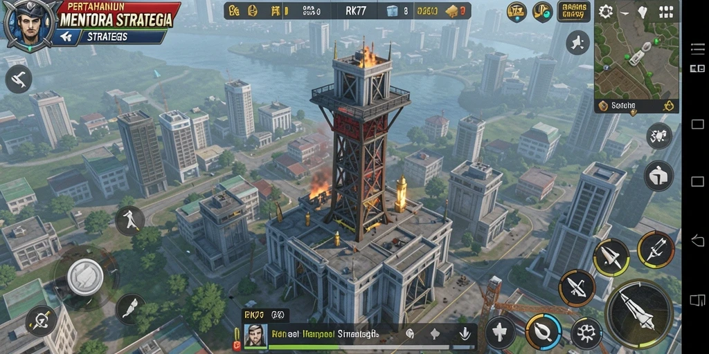 Gambaran gameplay RK77 dengan menara strategis melawan serangan musuh.