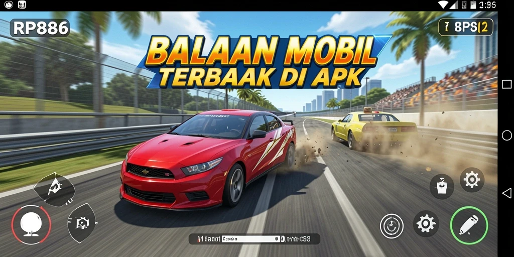 Screenshot gameplay RP886 menunjukkan aksi balapan mobil yang mendebarkan.