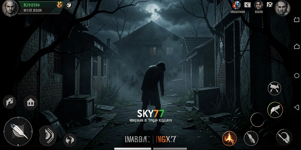 Tampilan gameplay SKY77 dengan suasana menyeramkan dan makhluk menyeramkan.
