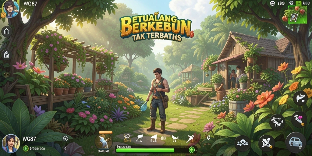 Tangkapan layar gameplay WG87 menampilkan aktivitas berkebun yang seru dan interaksi dengan hewan ternak.